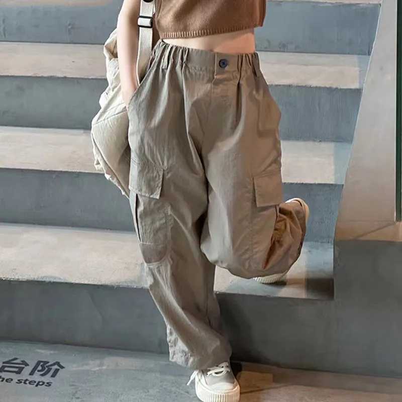 Spring and summer childrens hip-hop jogging pants girls cargo pants teenagers straight pants retro casual streetwear bag pants 5-14TT250318