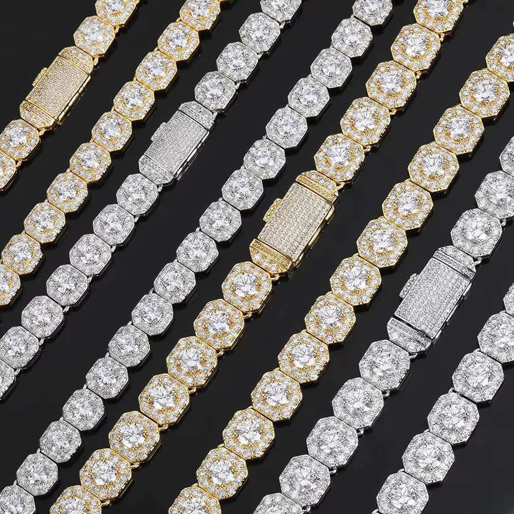 10mm 12mm Hip Hop Straight Pull Cubic Tennis Chain Men's Jewelry Copper Inlaid Zirconia Iced Pearl Necklace