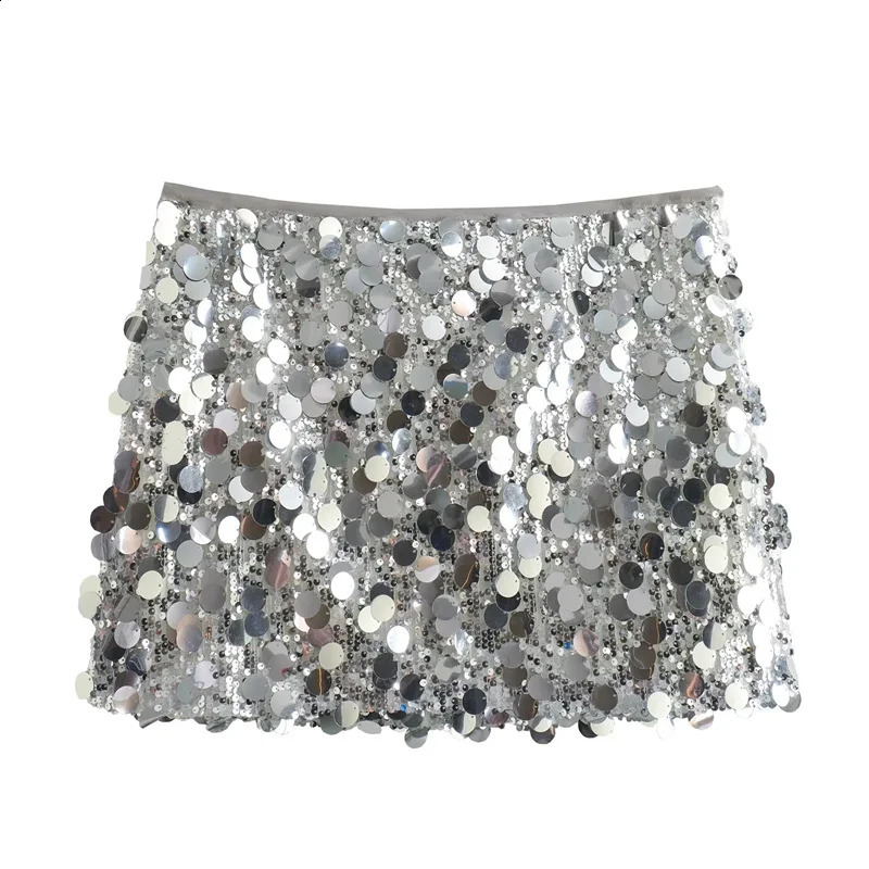 TRAF Silver Sequin Skirt Woman High Waist Mini Skirt Woman Fashion Shiny Glitter Elegant Short Skirts For Women Y2k Skirts 250319