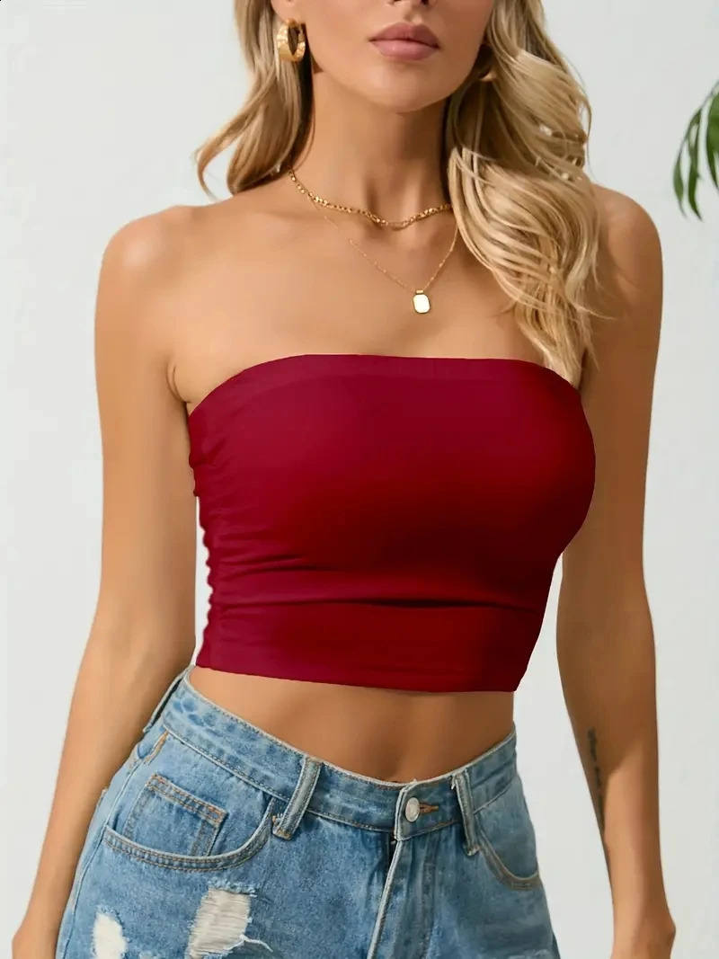 Womens tank top solid color strapless short body under shoulder summer sexy backless sleeved 250319