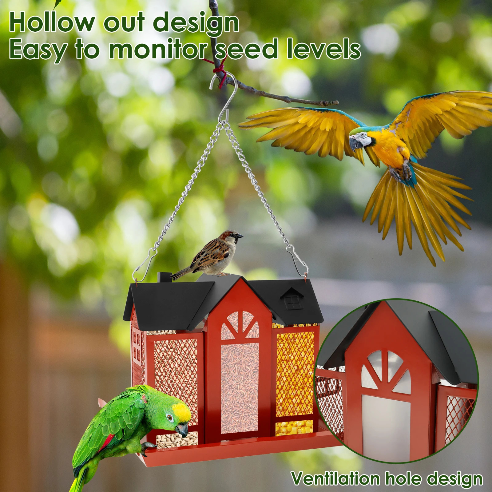 Bird feeder hanging metal bird house large capacity red multipurpose product for outdoor gardens 250318