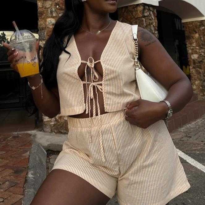 Summer lace up sleeveless striped cardigan high waisted shorts two-piece set plus size women's clothing 250315
