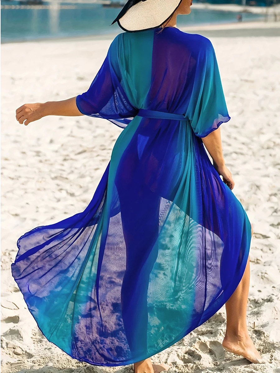 Large Size Gradient Beach Cover Up Short Sleeve One Piece Kimono Women Swimwear Female Bathing Suit Beachwear Swimming 250319
