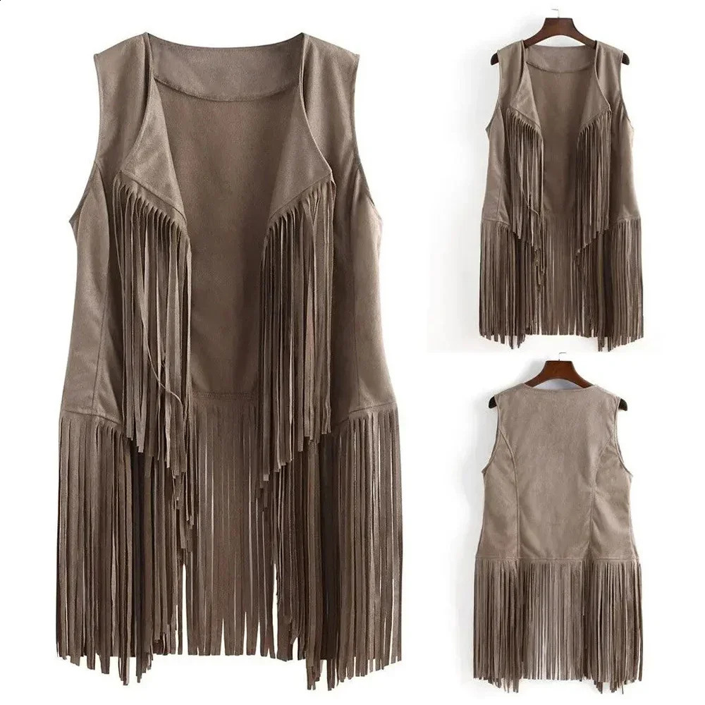 Womens tassel vest retro ethnic synthetic suede sleeveless jacket long edge 70s hippie cardigan party 250319