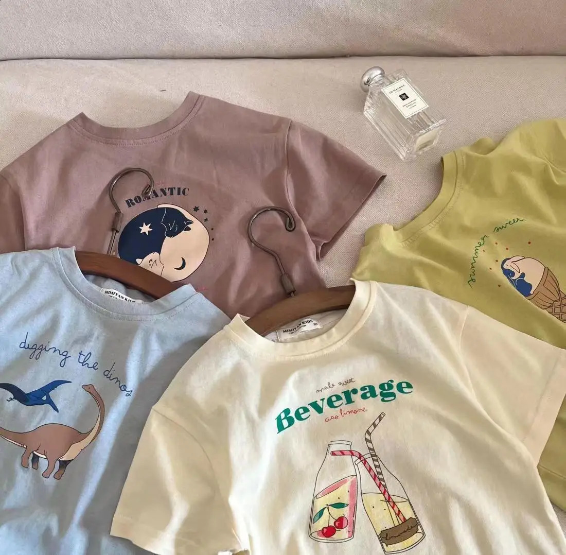 Child Pure Cotton Short Sleeve Tops Cartoon Print Pullover Shirt Kids Summer Fashion Casual Sports Loose Crew Neck Tees 250319