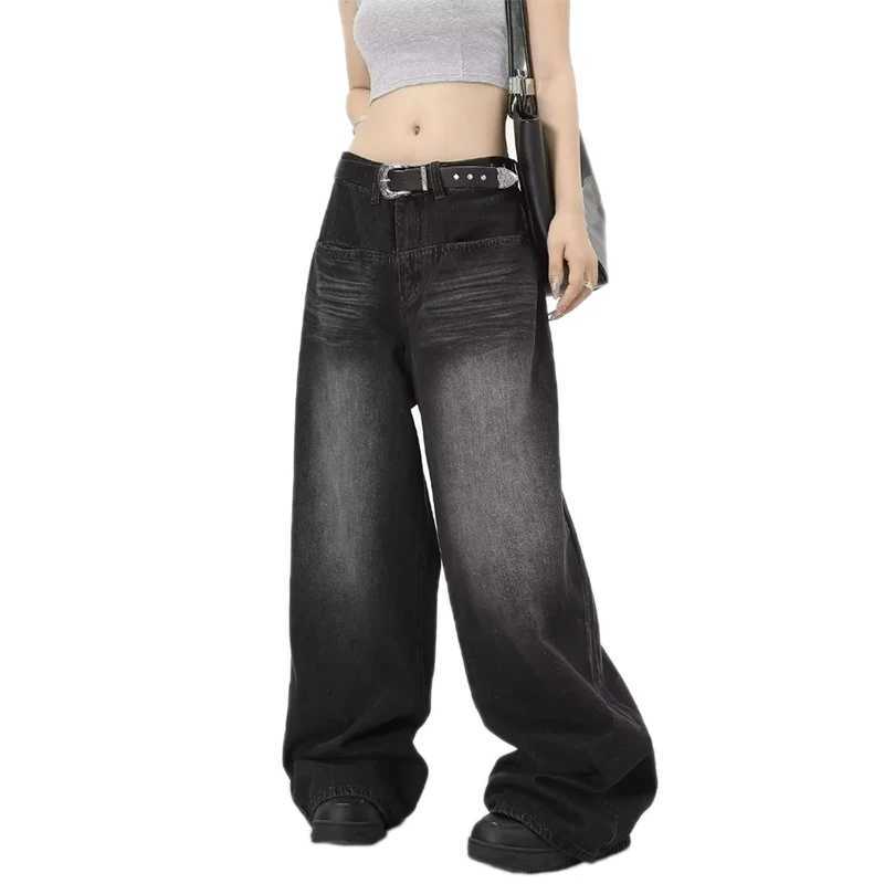 Ultra fine retro black jeans womens wide leg pants fashionable Y2K low waisted pocket jeans Trouser mens bucket jeansT250319