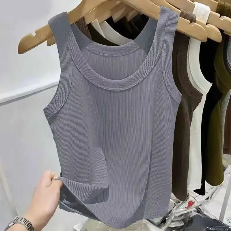 Womens solid round neck ribbed vest womens 2025 summer basic elastic Oneck 250319