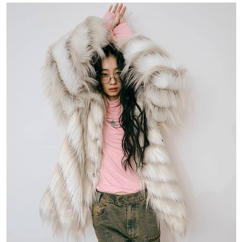 Women's coat mixed color tassel long imitation fox fur coat, women's spicy girl autumn and winter thick loose top