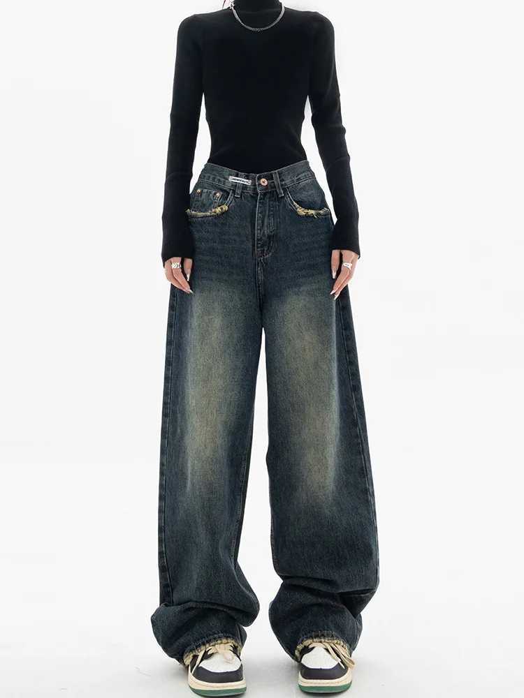 Spring and autumn wide leg jeans for women high waisted jeans for women denim jeans for women Harajuku retro BF style loose fitting womens streetwearT