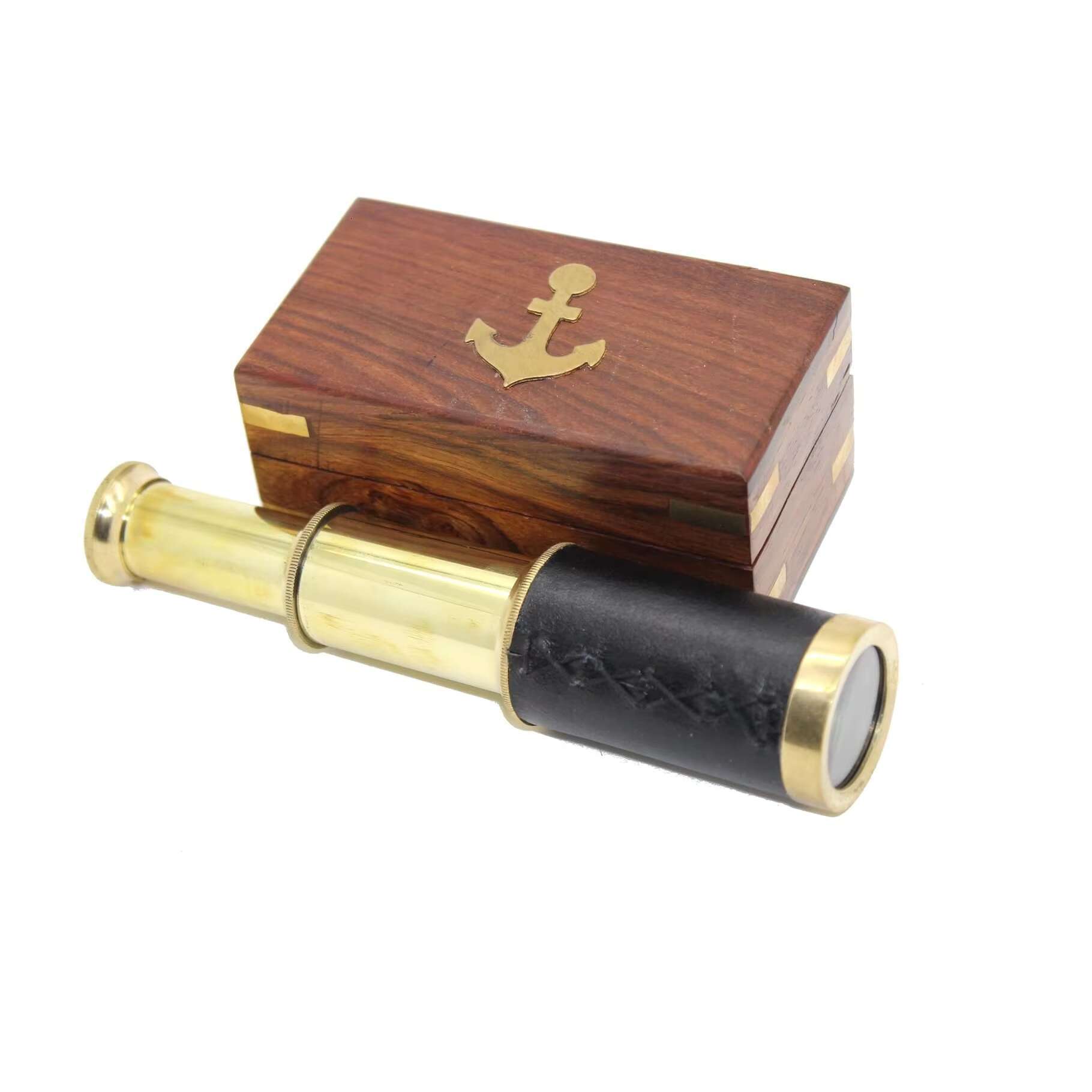 Thomson 8X Magnification Brass Leather Spyglass Telescope with Wooden Box Handicraft Product Category Binoculars & Telescopes