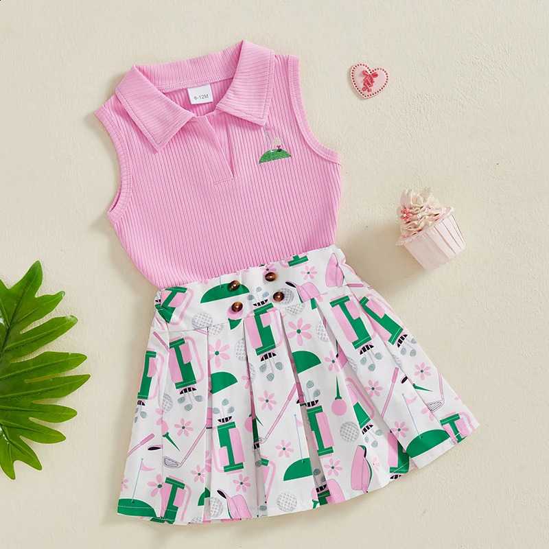Girl 2piece set with ruffled sleeves vest floral print pleating skills suitable for summer childrens clothing series 250312