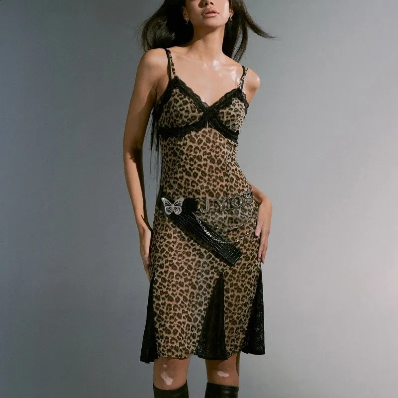 Karrcat Grunge Aesthetics Leopard Print Dress Trashy Y2k Spaghetti Strap Midi Dress Vintage 2000s Punk Party Lace Dress American 250319