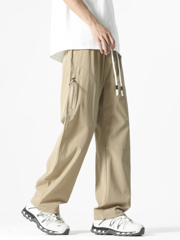 Summer mens casual pants Korean fashion outdoor zipper pocket wide leg straight three person walk loose and lightweight sports 250319