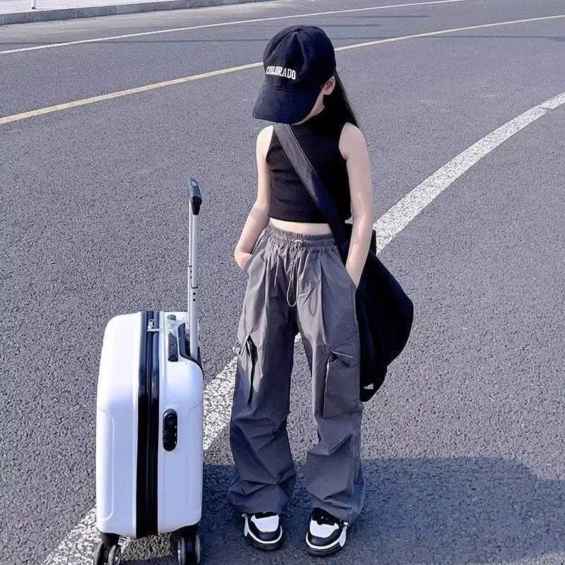 Teenage girls jogging pants loose casual fashionable childrens straight Trouser pocket design fashionable cool streetwear childrens pants 5-14 YT25031