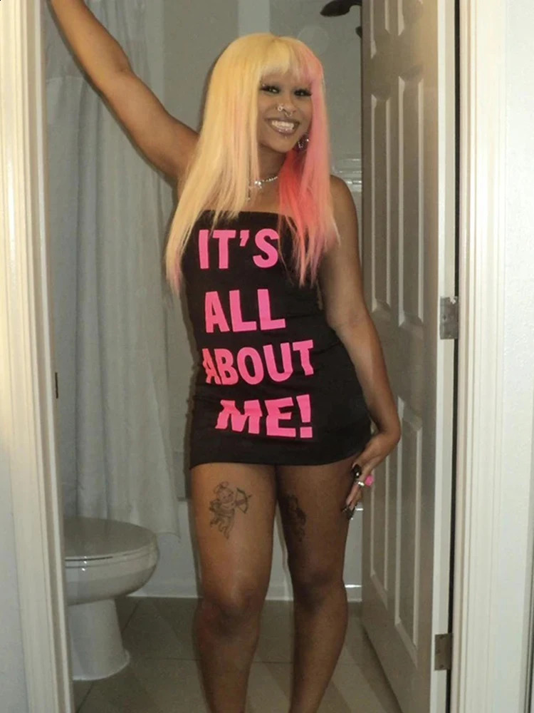 Y2k Clubwear Sexy Trendy Tube Top Mini Dresses Summer Clothes for Women Fashion Sexy Gothic Pink Letter Slogan Print Bodycon 250319