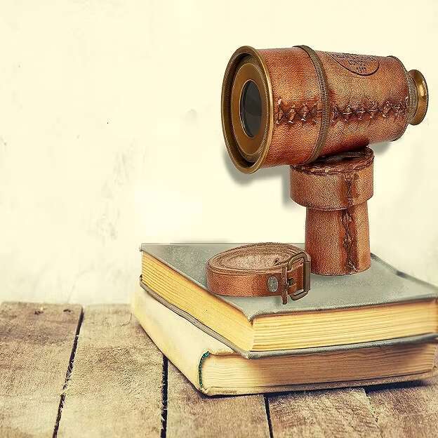 Antique Spyglass Decor Handheld Brass Monocular Telescope Wooden Stand RJ HANDICRAFT STORE's Pirate Style with Leather Case