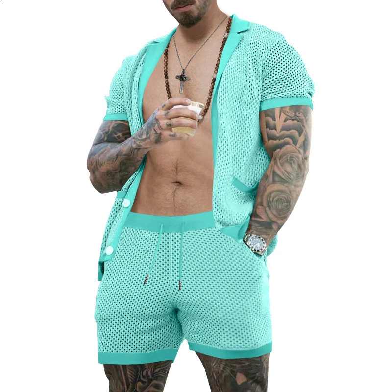Mens summer breathable mesh collar T-shirt and shorts set with cool and sexy hollow fabric for beach wear 250314