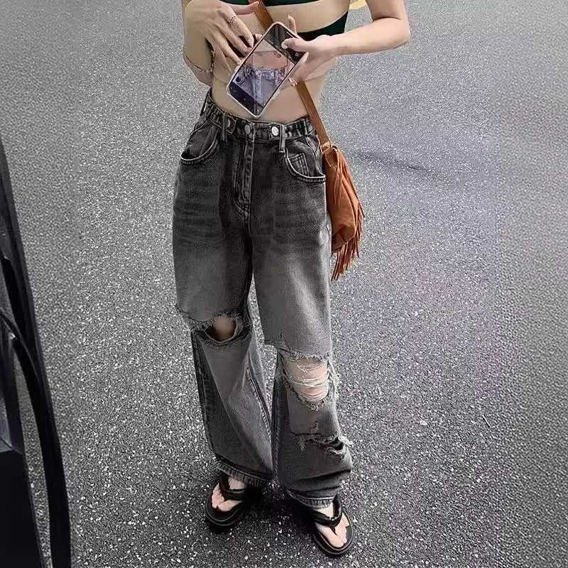 Retro American denim jeans womens ultra-thin high waist straight loose retro street fashion wide leg pantsT250319