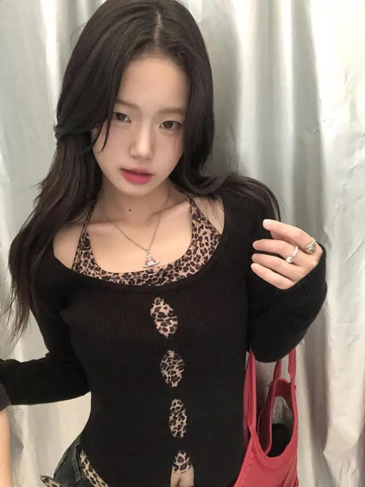 Tonngirls Sexy Skinny Two Pieces Tops Women Leopard Tank Tops Black Tops Hollow Out Y2k Vintage Tops American Retro 90s Tshirt 250319