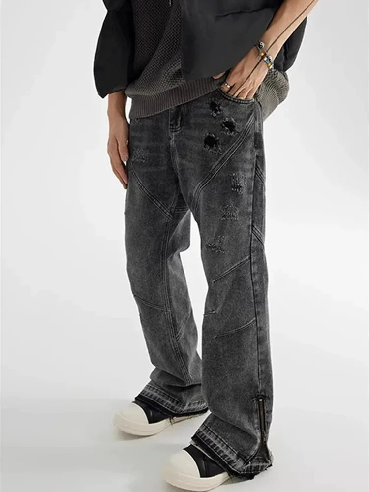 Cyber Y2K Streetwear Wrinkled Pocket Jeans Mens 90s Retro Clothing Ankle Zipper Hip Hop Cotton Pants 250317