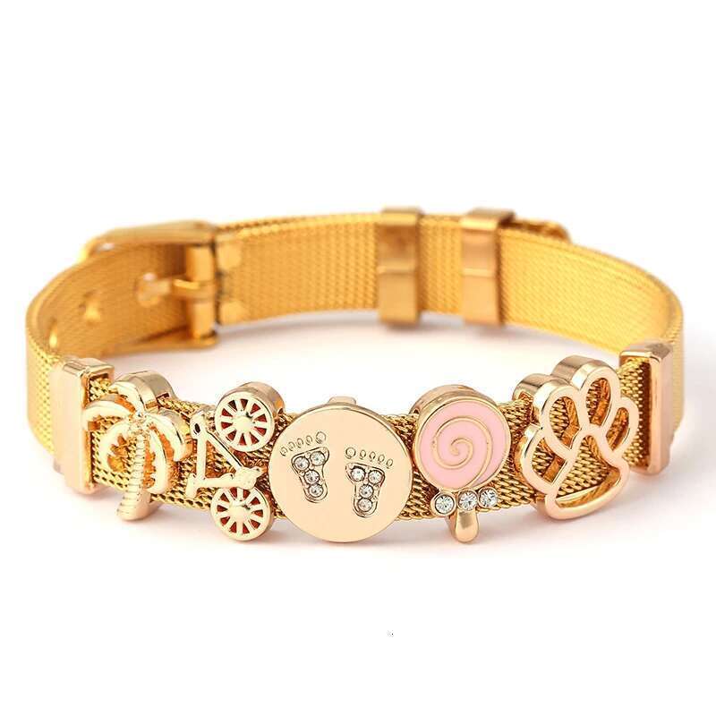 Gold Color Slide Charm Bracelets Set With 10mm Lovely Dog Paw Bicycle Keeper Stainless Steel Mesh Bracelet For Women Men Jewelry