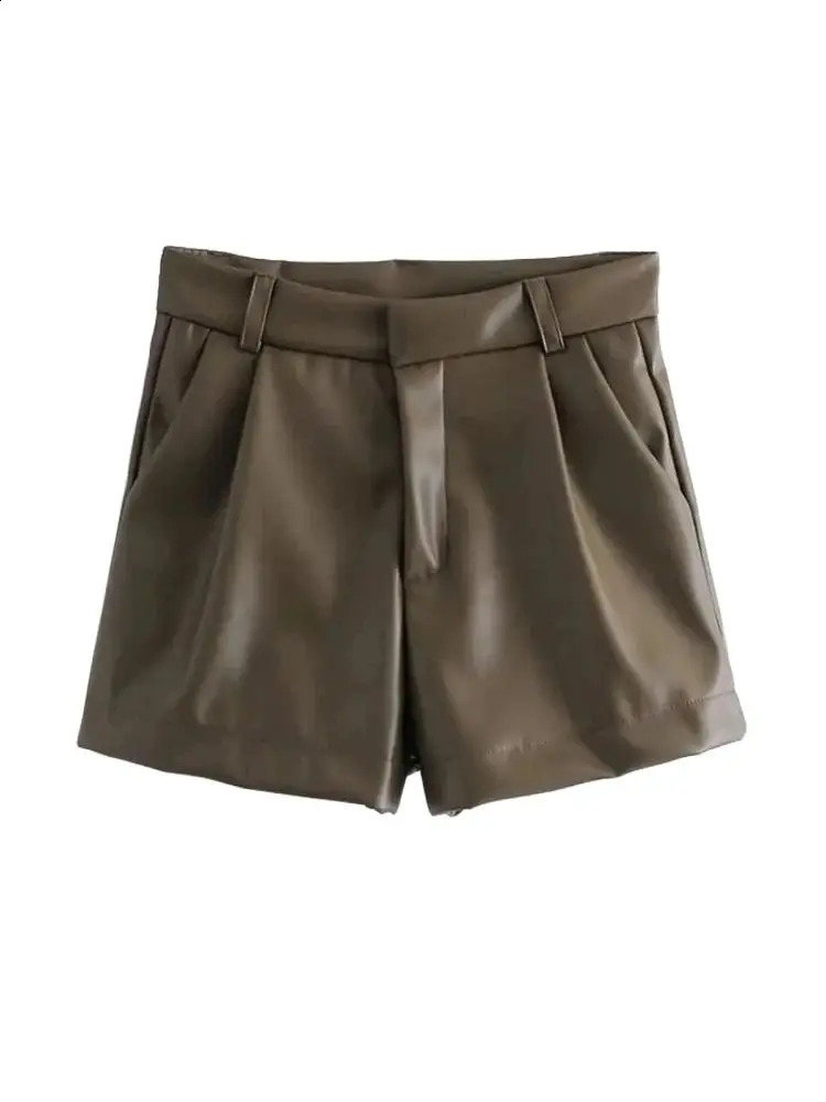 TRZA-Womens Faux Leather Shorts with Side Pockets High Waist Zipper Fly Female Short Pants Chic Fashion 250319