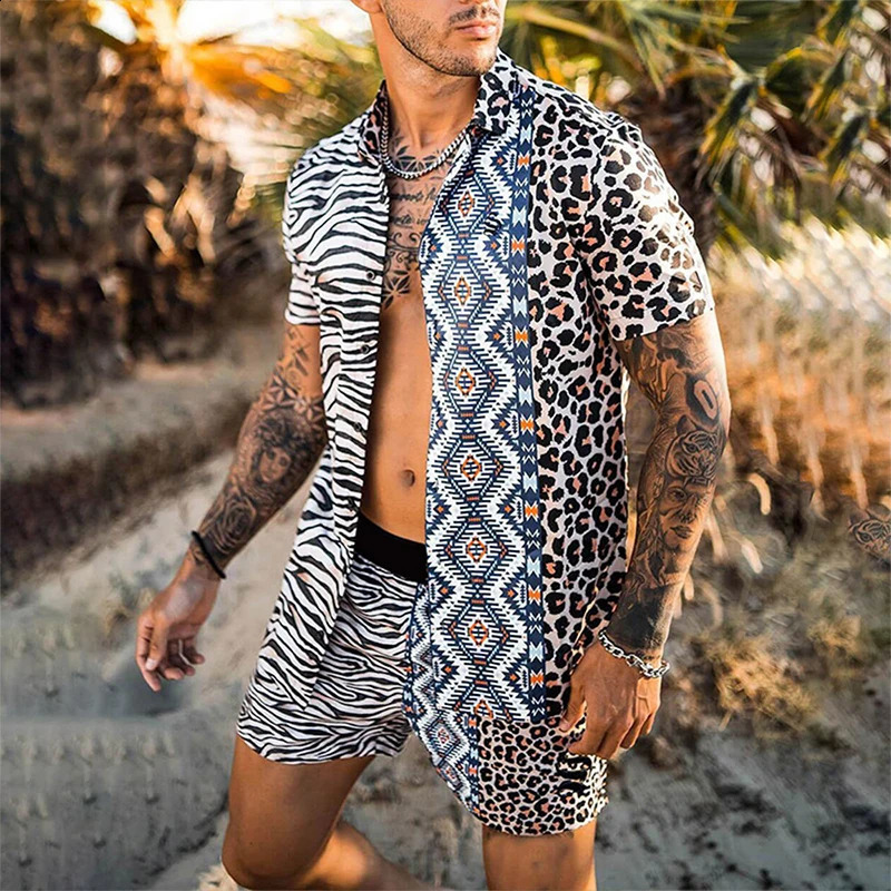 Summer floral print short sleeved beach shorts two sets for casual vacation mens casual 2-piece set 250317