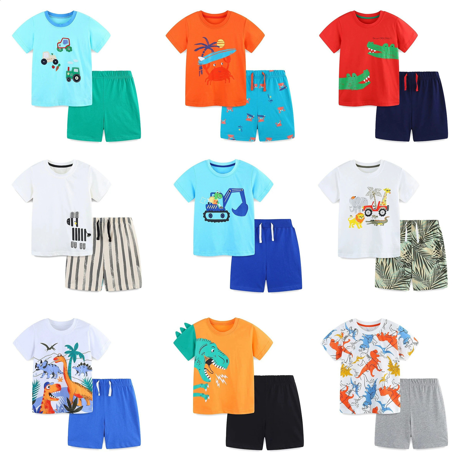 Summer 2025 Kids Boys 2PCS Clothes Set Cotton Cartoon Printed Short Sleeve T-shirts Plaid Shorts Suit Toddler Boys Outfits 250319