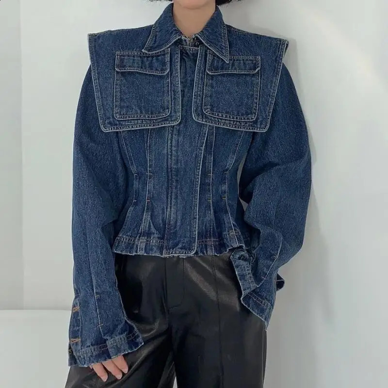 Getspring Womens Denim Jacket Retro Large Pocket Decoration High Waist Short Coat Fashion Full Set Autumn Top 250319