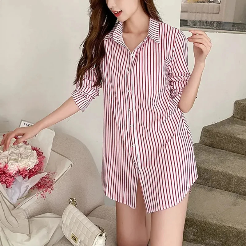 Plus size womens striped shirt and loose long sleeved top Korean fashion casual office ladies matching elegant 250319