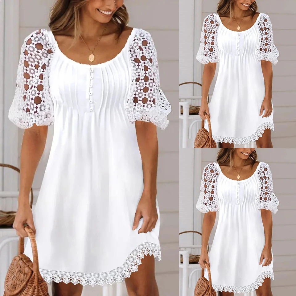 Womens Fashion Plus Size Dress Casual Loose Lace Hollow Short Sleeve Summer Beach Korean Elegant 250319