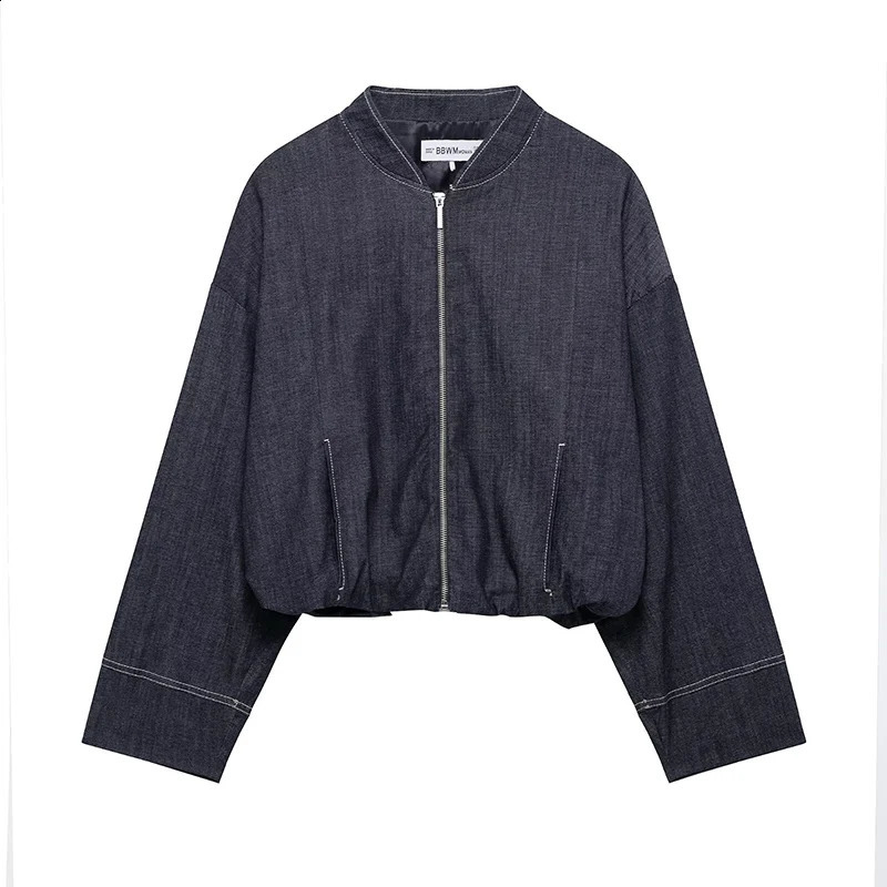 RAFZNB Womens Denim Bomber Jacket Fashion Stand Collar Long Sleeve Retro Unique Top 250319