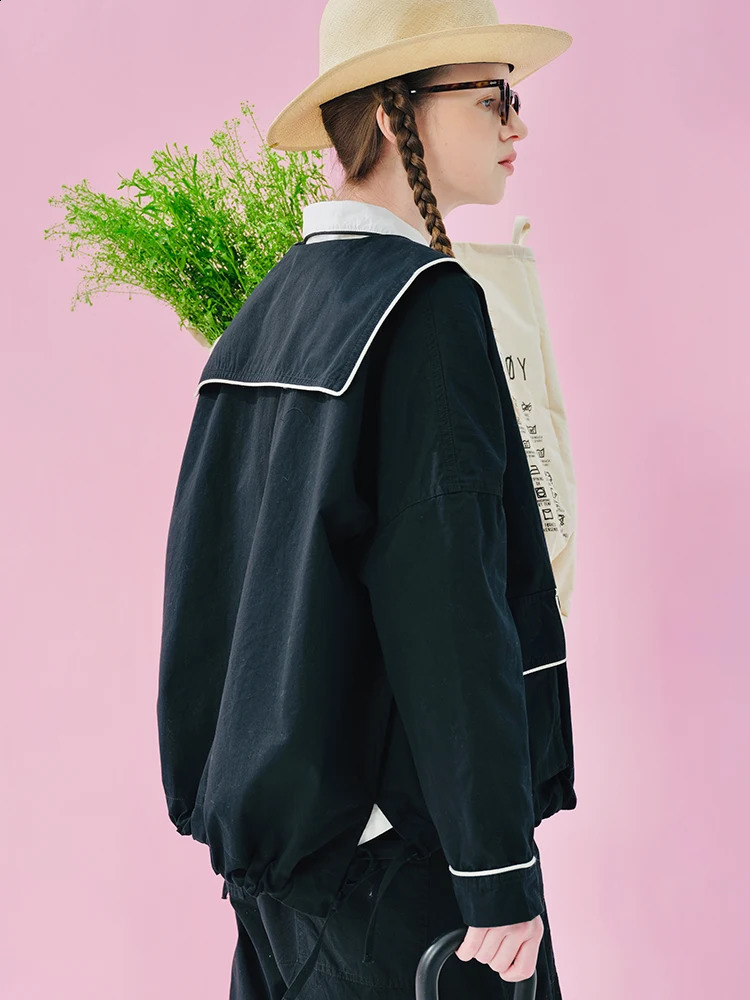 imakokoni black navy collar jacket spring pure cotton washed lace small round neck n shirt for women 244982 250317