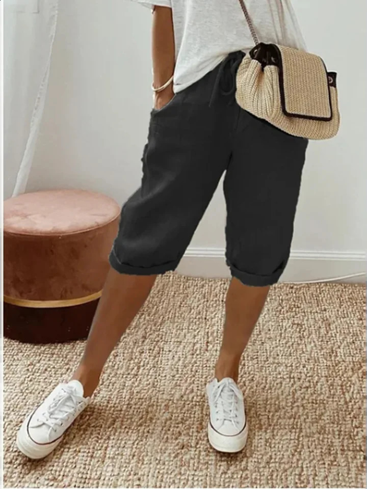 Summer Middle Pants Womens Solid Color Pocket Elastic Shorts Casual Fashion Sports Shorts Cotton Beach Shorts 250319
