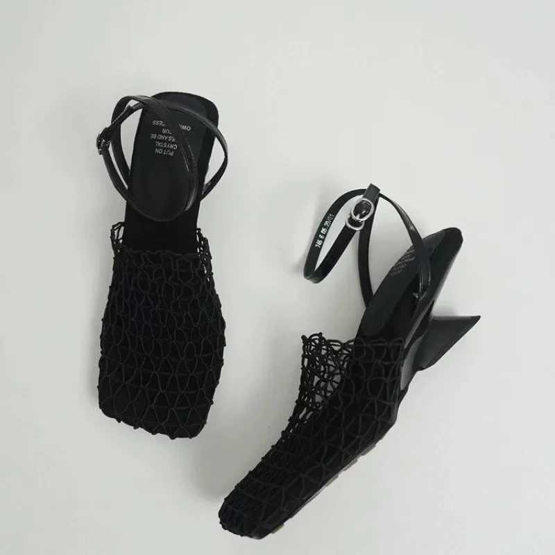 New Arrival Summer Luxury Designer Sandals Womens Lace Mesh Square Toe Shallow Narrow Strap Braided Slip-on High Heels Sandals T250318