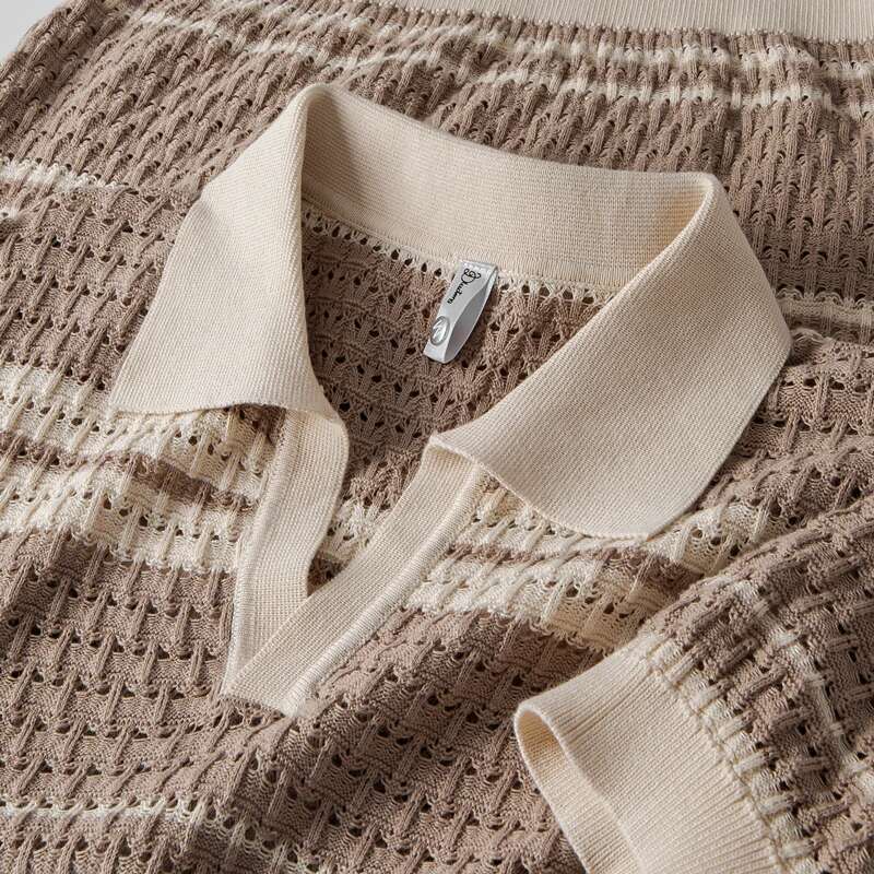 Advanced Design Striped Jacquard Short Sleeve V-Neck POLO Shirt Men's Summer New Trend Korean Hollow Breathable Knit T-Shirt