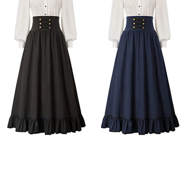 Women Maxi Skirt Vintage Summer High Waist A Line Victorian Long Skirt Steampunk Gothic Ruffled Hem Pleated Party Skirts 250313