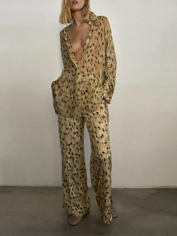 Leopard Turn-down Collar Women Shirt Sets Long Sleeve Single Breasted Lady Top Set Autumn Fashion Wide Leg Female Pant Suit 250319