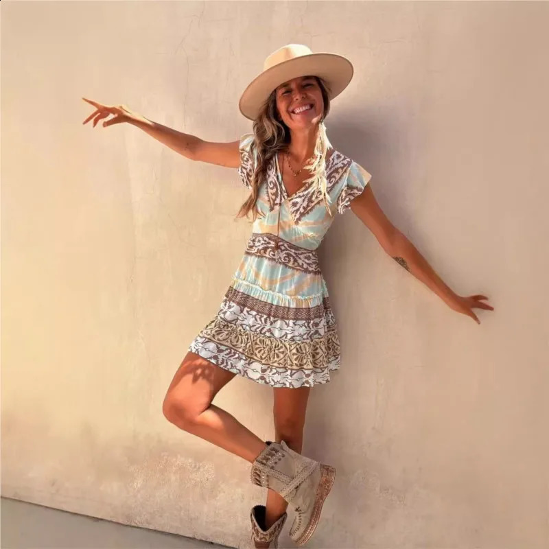Ethnic Style Short Dress Summer 2024 Womens Vneck Pullover Printed Flying Sleeves Aline Waist Cinched Skirt 250319