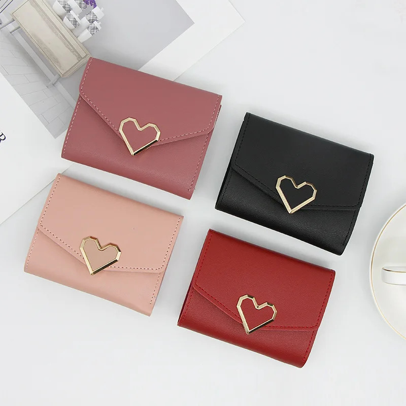 Korean version of womens wallet short heart-shaped three fold womens wallet multi card slot machine zero wallet womens wallet 250318