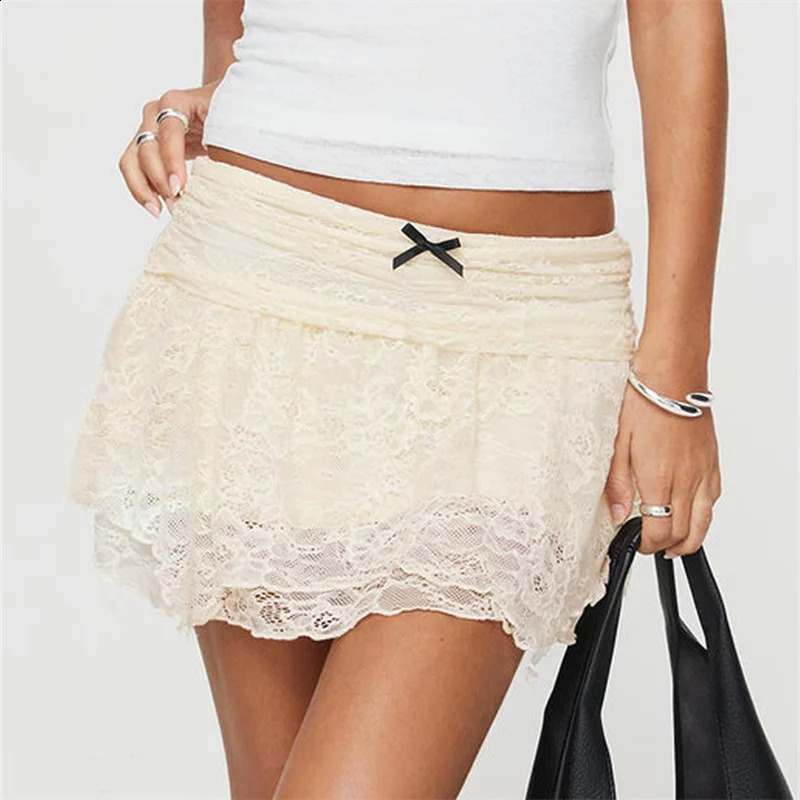 Summer Lace Mesh Skirt y2k Fairycore Low Rise Ruffles Mini Skirts Women Vintage 2000s Fairycore Coquette Outfits Ladies Chic 250319