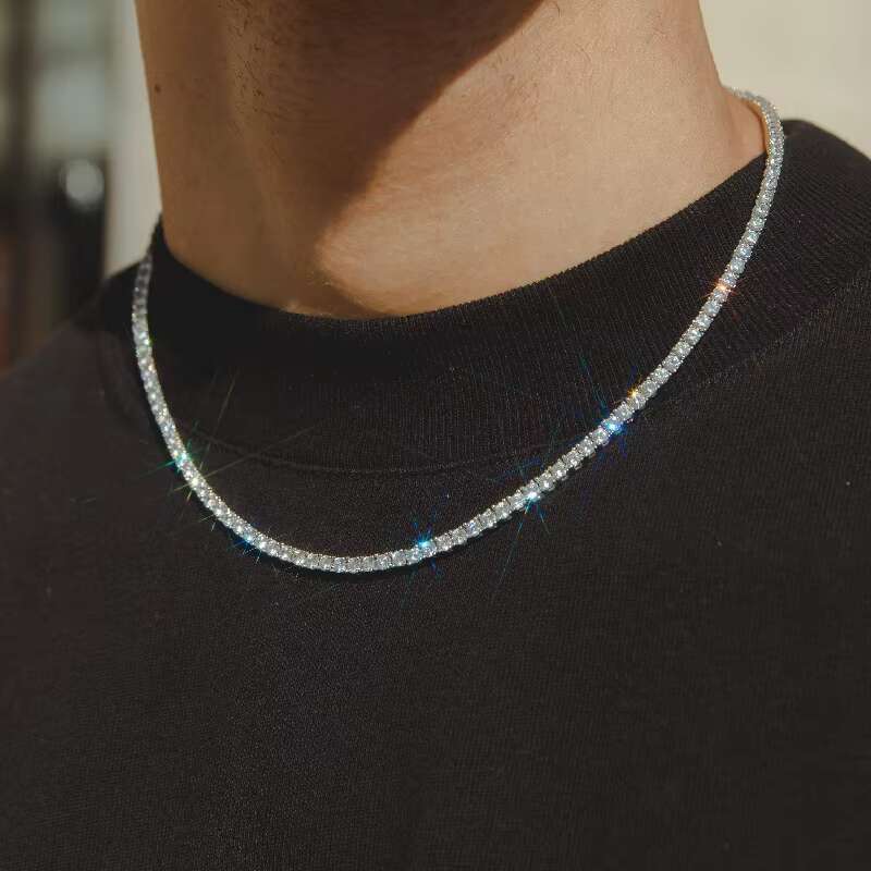17.5ctw Ice Cold Hip Hop 3mm Necklace 22 inch Sier Plated Moissanite Men's Tennis Chain