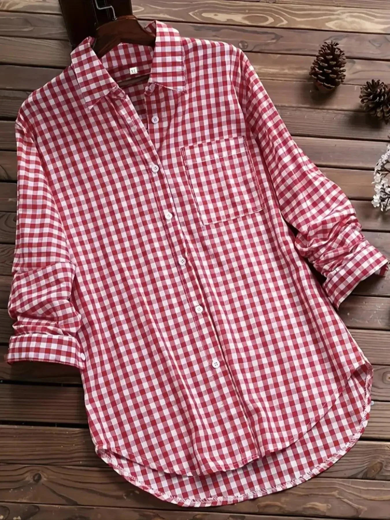 Fashionable womens plus size plain casual loose shirt pocket long sleeved simple lapel n top 250312