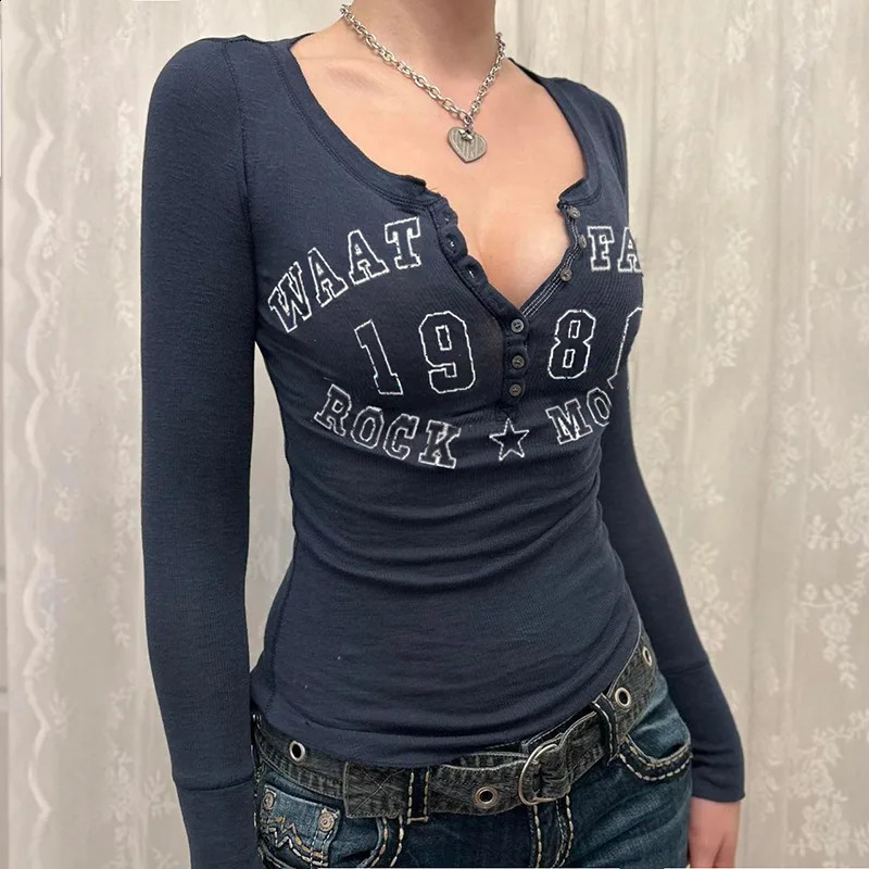Black Tshirt womens autumn letter printed street clothing long sleeved Oneck sexy body top fashionable casual slim fit women 250311