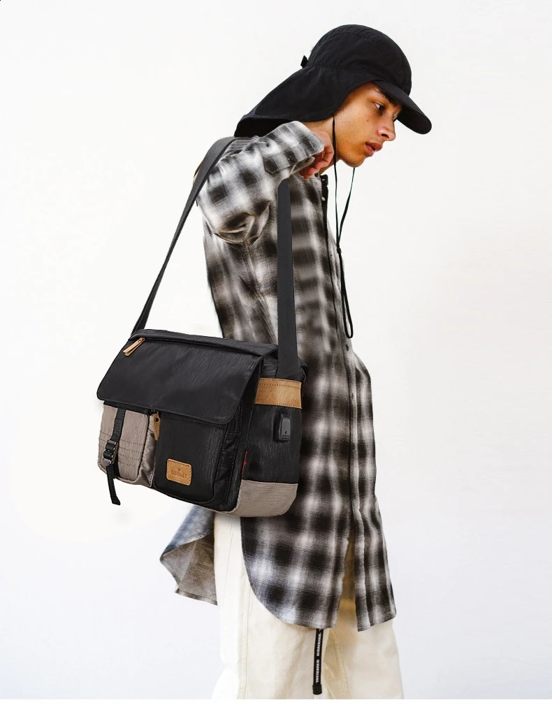 Retro Oxford Mens Shoulder Bag with Contrast Color Large Cross Body Bag and Multi functional Messenger Bag with External USB Interface 250318