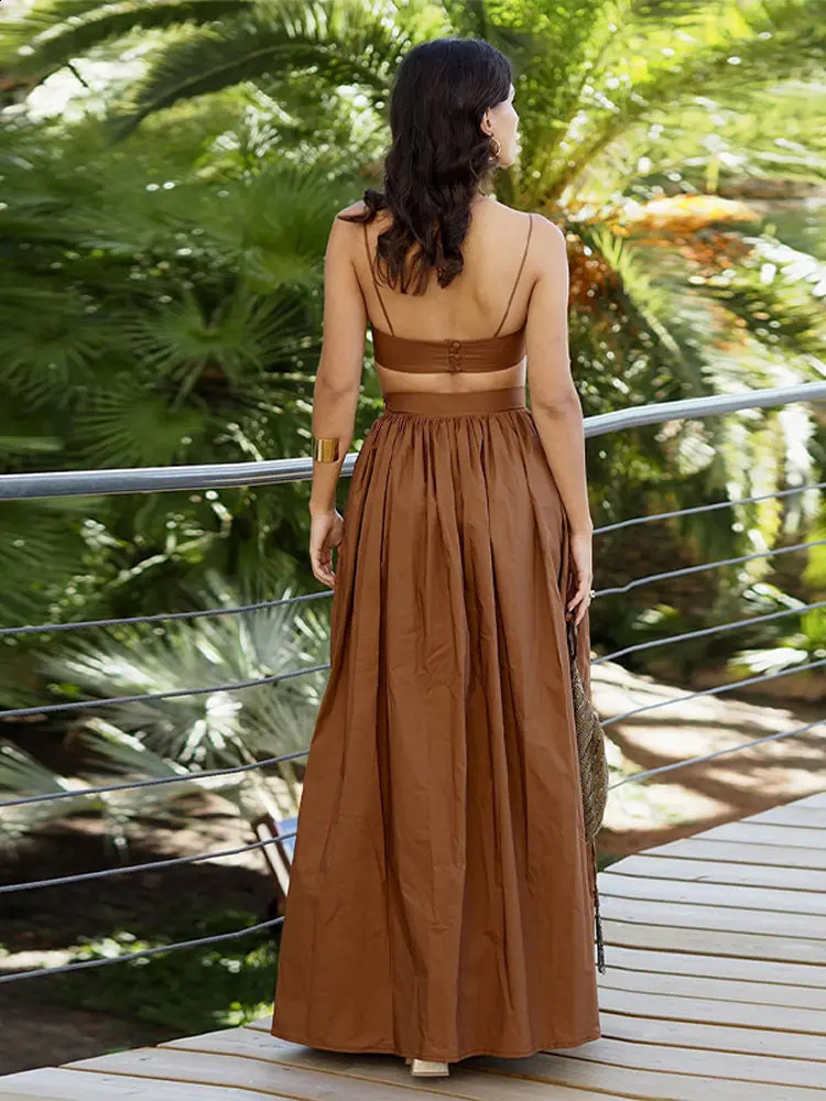 Women Tube Top Skirt Set Sexy Off Shouder Suspenders Blouse Loose Elastic Waist Maxi Skirts Female Suit 2025 Summer Lady Outwear 250319