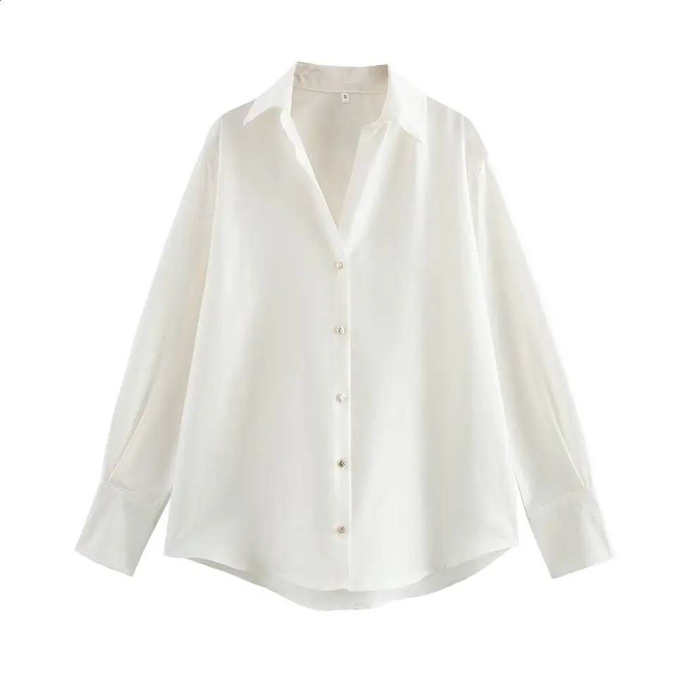 DUOPERI Womens Fashion Satin Brown Shirt with Collar Long Sleeve Retro Clothing 250319