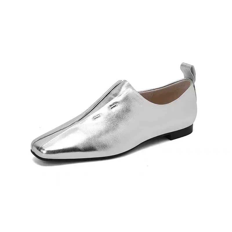 Womens flat shoes genuine leather sheepskin comfortable and smooth Siem Reap beige simple shoes spring and autumn soft load square toesXJ250319