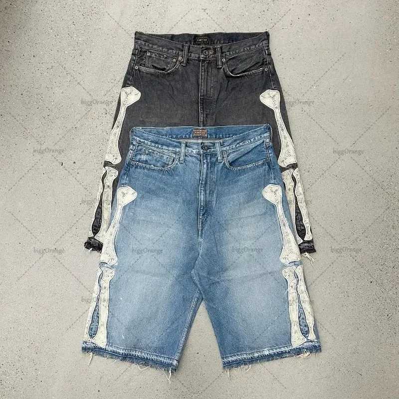 2024 European and American Summer Retro Skeleton Denim Shorts Sports and Leisure Shorts New Couple Clothing Street Wear Five Pair Five Pants W250319