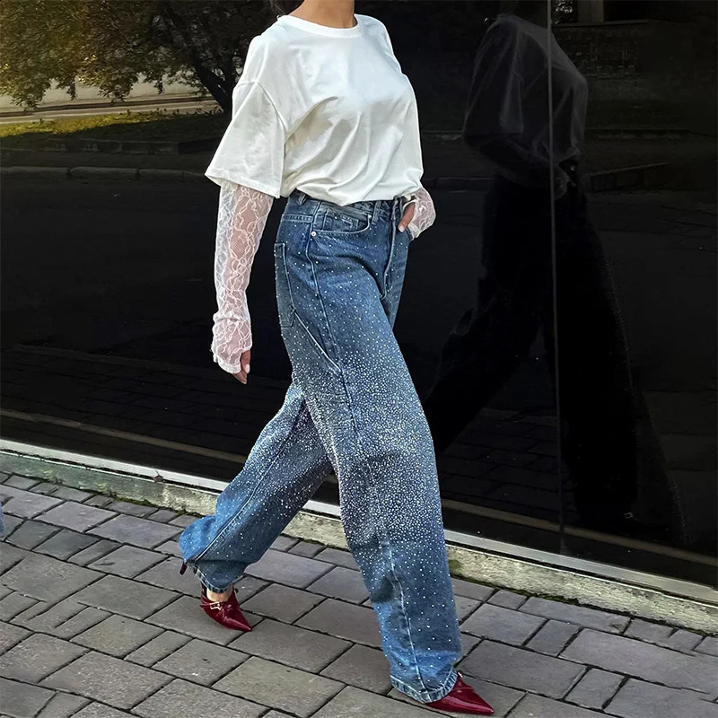 Gradient blue womens jeans with rhinestone n button high waiting for casual straight through fashion spring outfit Trouser 250317